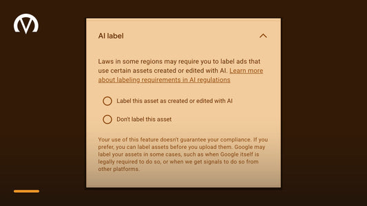 Google Ads AI label setting, showing the choice to label an asset as created or edited with AI or to leave it unlabeled.
