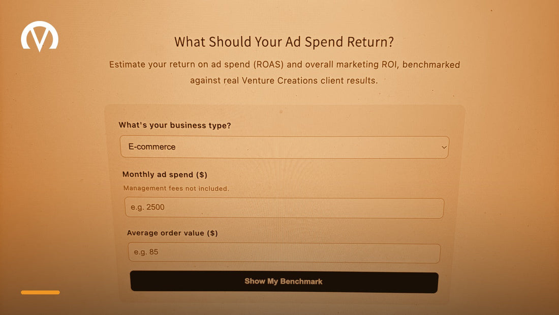 The Venture Creations ROAS calculator open on a laptop screen, with fields for business type, monthly ad spend and average order value.