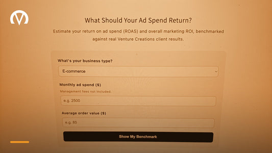 The Venture Creations ROAS calculator open on a laptop screen, with fields for business type, monthly ad spend and average order value.